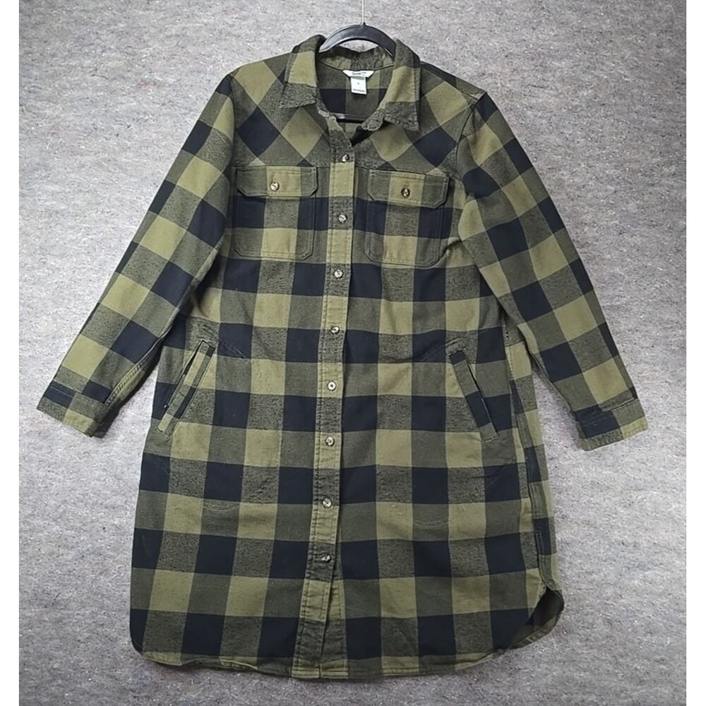 Duluth Trading Co Flannel Shirt Dress Green Buffalo Plaid Button Up Heavy Sz L